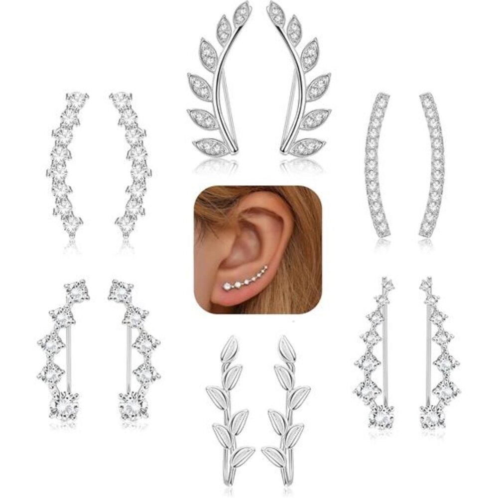 FINREZIO 6Pairs Ear Cuffs Climber Hoop Earring CZ Arrow Crawler Stud Earring